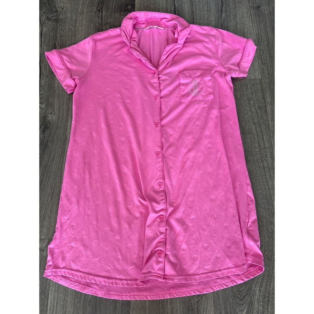 Juicy Couture Pink Rhinestone Logo Button Down Sleep Shirt Nightgown Small